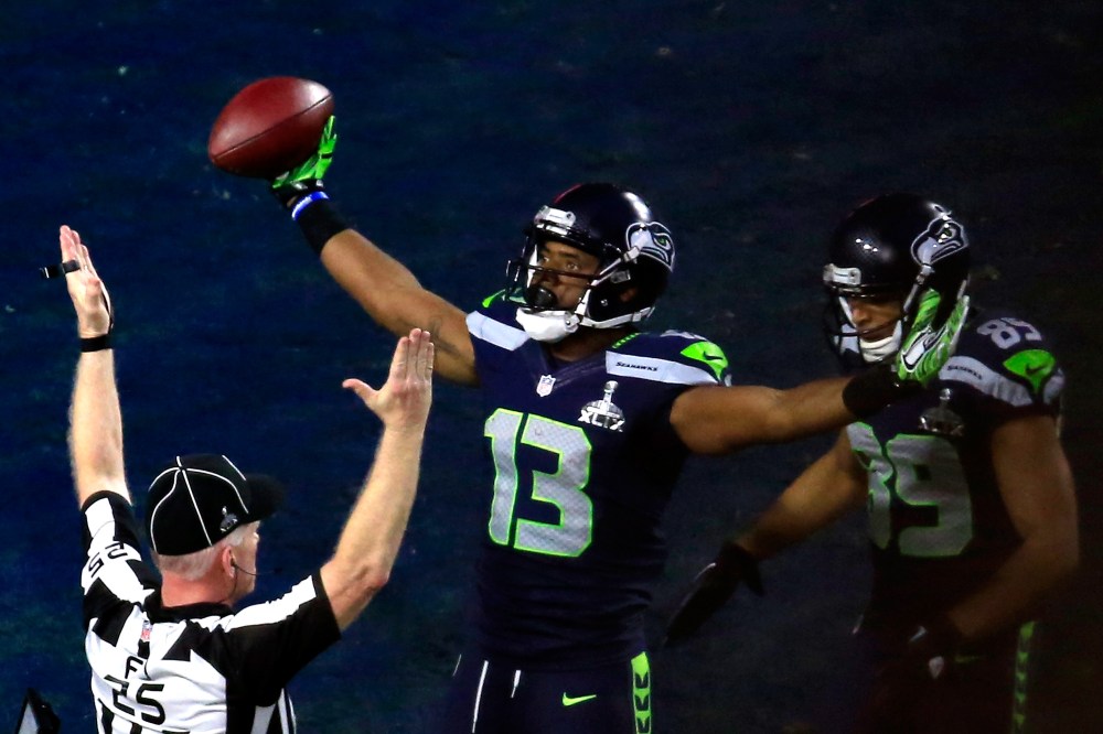 Chris Matthews of the Seattle Seahawks celebrates scoring an 11 yard touchdown late in the second quarter against the New England Patriots during Super Bowl XLIX at University of Phoenix Stadium on Feb. 1, 2015 in Glendale, Ariz.