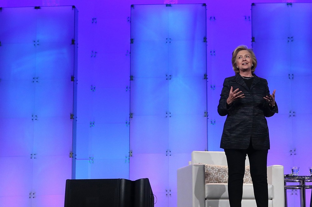 Former U.S. Secretary of State Hillary Clinton delivers a keynote address during the Watermark Silicon Valley Conference for Women on February 24, 2015 in Santa Clara, Calif. (Photo by Justin Sullivan/Getty)