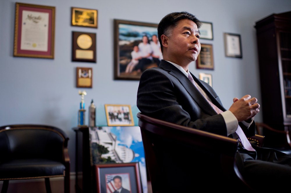 Rep. Ted Lieu, D-Calif., is interviewed by CQ Roll Call in his Cannon Building office, Feb. 26, 2015. (Photo by Tom Williams/CQ Roll Call/Getty)