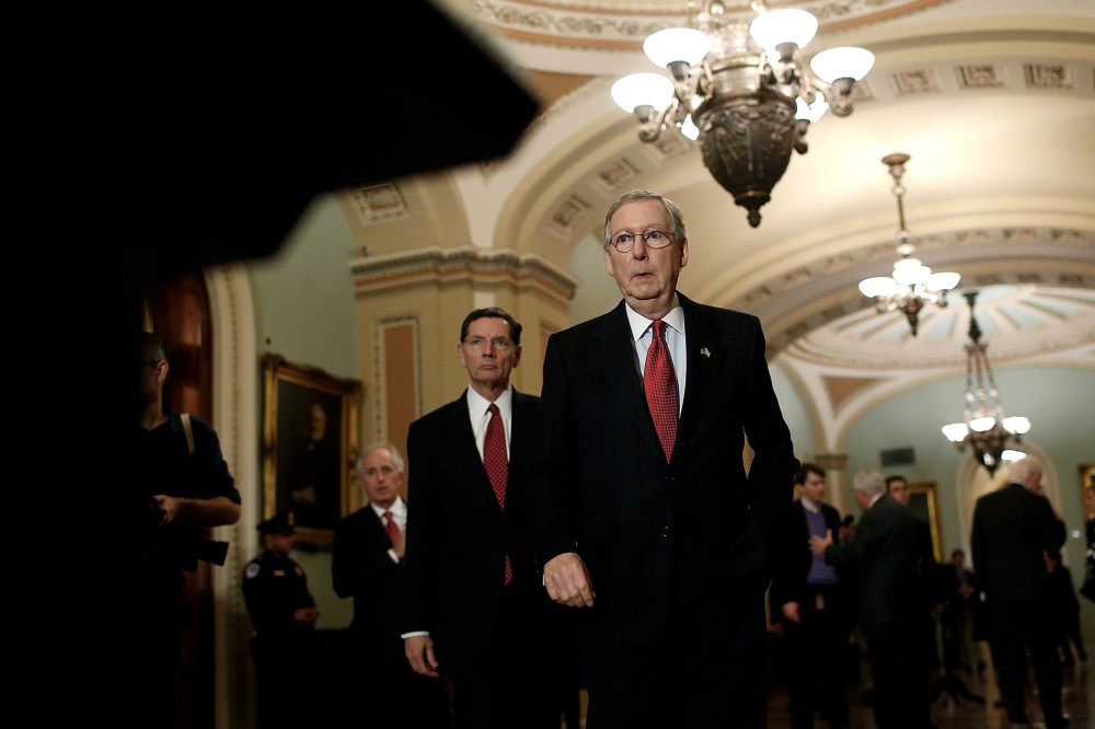 Senate Minority Leader Mitch McConnell (R) (R-KY) arrives at a press conference following the weekly policy luncheon of the Republican caucus at the U.S. Capitol March 3, 2015 in Washington, D.C. (Photo by Win McNamee/Getty)