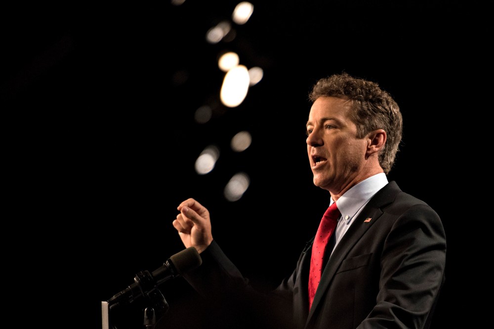 Senator Rand Paul (R-Ky.) speaks during a rally to formally announce his presidential campaign at the Galt House hotel in Louisville, Ky., on April 7, 2015. (Photo by Daniel Acker/Bloomberg/Getty)