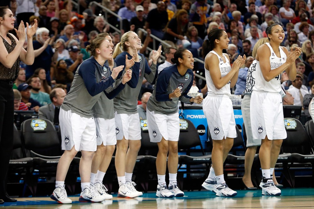 The Connecticut Huskies bench reacts against the Notre Dame Fighting Irish during the NCAA Women's Final Four National Championship at Amalie Arena on April 7, 2015 in Tampa, Fla. (Photo by Brian Blanco/Getty)