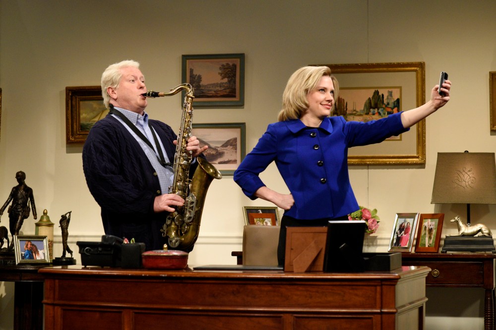 Kate McKinnon plays Hillary Clinton and Darrell Hammond plays Bill Clinton for the opening skit of Saturday Night Live, April 11, 2015. (Photo by Dana Edelson/NBC/NBCU Photo Bank/Getty)