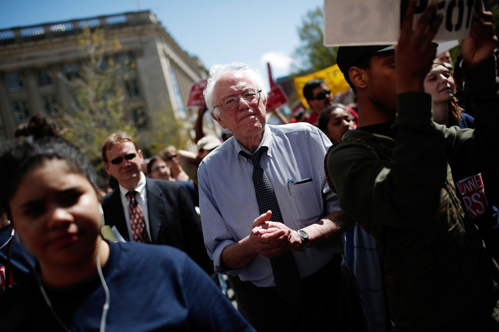U.S. Sen. Bernie Sanders (I-VT) participates in a "Don't Trade Our Future" march organized by the group Campaign for America's Future on April 20, 2015 in Washington, DC.