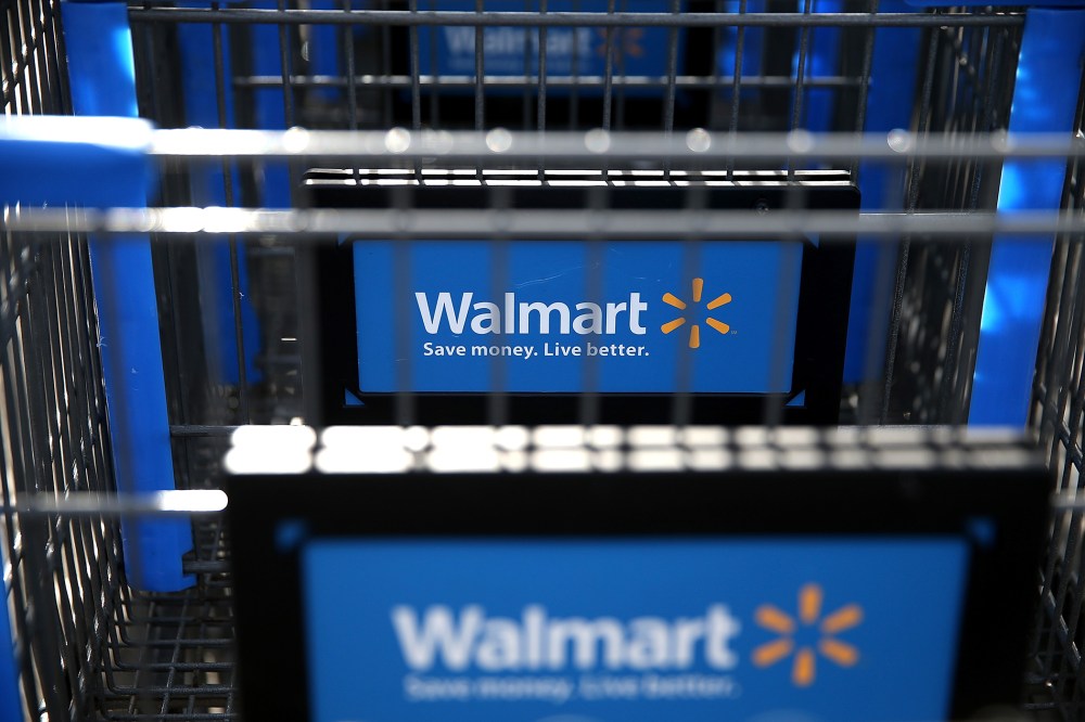 Wal-Mart shopping carts sit outside of a store on Feb. 20, 2014 in San Lorenzo, California.