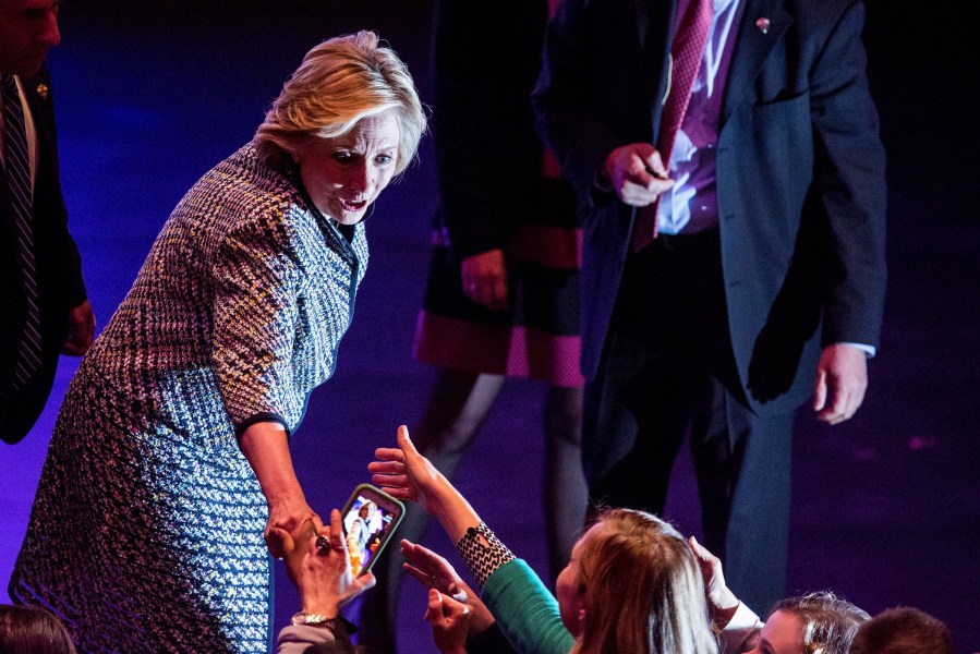 Democratic presidential hopeful and former Secretary of State Hillary Clinton shakes hands with supporters after addressing the Women in the World Conference on April 23, 2015 in New York City.