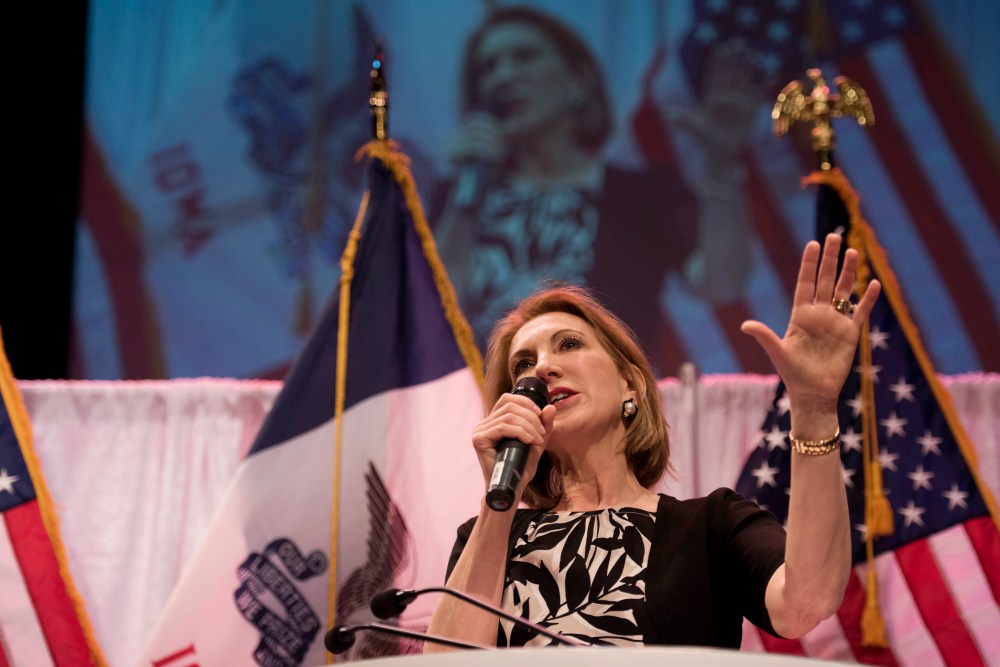 Carly Fiorina, former chairman of Hewlett-Packard Co., speaks during the Iowa Faith & Freedom Coalition presidential forum at Point of Grace Church in Waukee, Ia., April 25, 2015. (Photo by Daniel Acker/Bloomberg/Getty)
