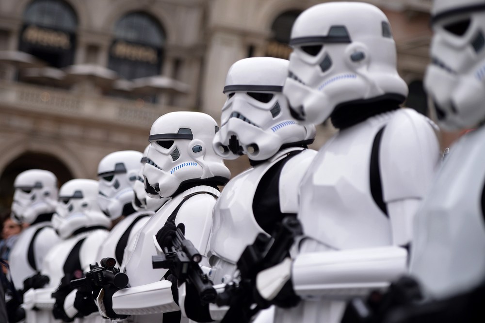 Cosplayers dressed as "Star Wars" stormtroopers stand in front of Milan's Duomo on May 3, 2015 as part of Star Wars Day. (Photo by Filippo Monteforte/AFP/Getty)