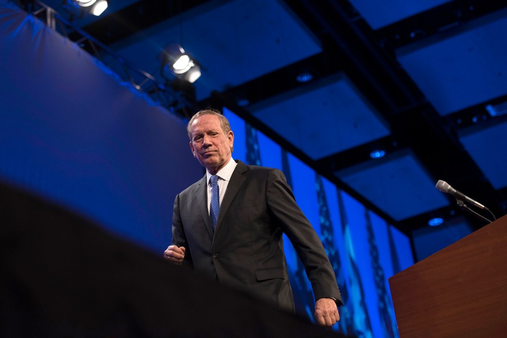 George Pataki, former governor of New York, leaves the stage after speaking during the Republican Party of Iowa's Lincoln Dinner in Des Moines, Iowa, May 16, 2015. (Photo by Daniel Acker/Bloomberg/Getty)