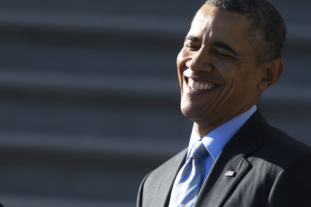 President Obama smiles during an event on the South Lawn of the White House, March 10, 2014.