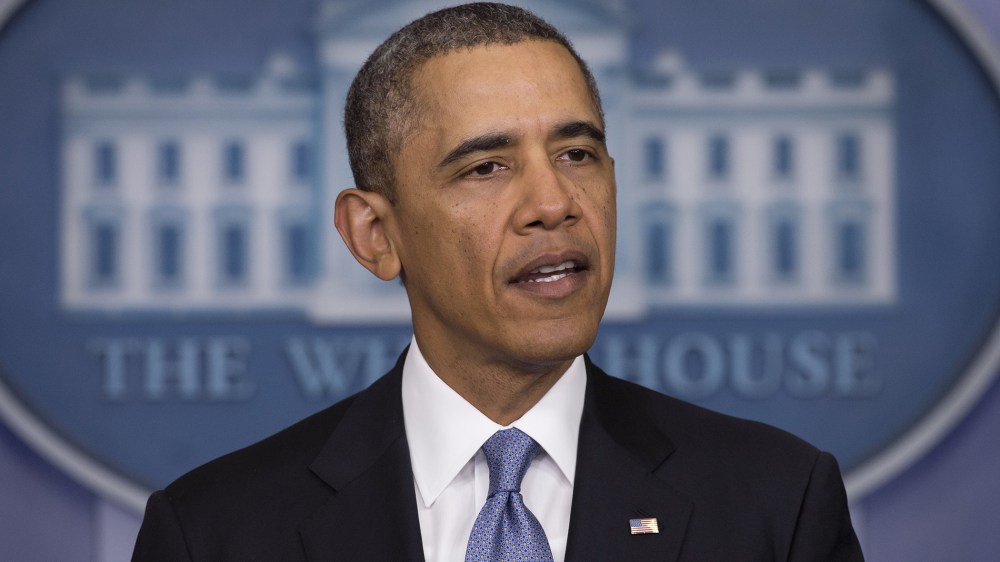 US President Barack Obama speaks in the Brady Press Briefing Room of the White House in Washington, DC, March 17, 2014.