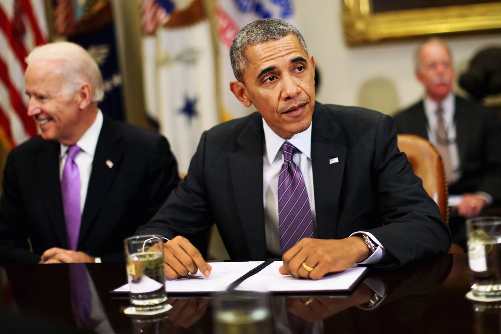 President Barack Obama meets with health insurance executives in the Roosevelt Room at the White House, April 17, 2014.