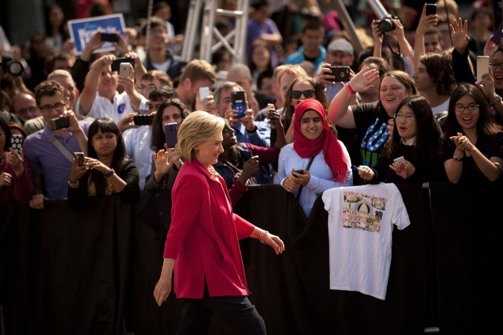 Democratic presidential candidate and former U.S. Secretary of State Hillary Clinton speaks to guests gathered for a campaign meeting on the campus of Case Western Reserve University on Aug. 27, 2015 in Cleveland, Ohio. (Photo by Jeff Swensen/Getty)