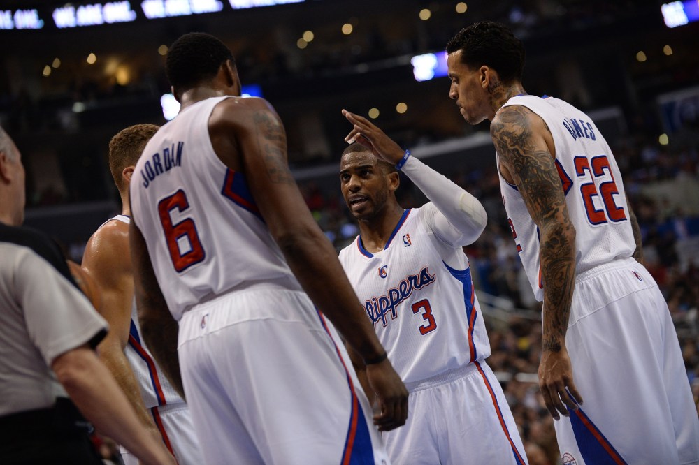 Chris Paul #3 of the Los Angeles Clippers directs his teammates against the Golden State Warriors in Game Five of the Western Conference Quarterfinals, April 29, 2014 in Los Angeles, Calif.