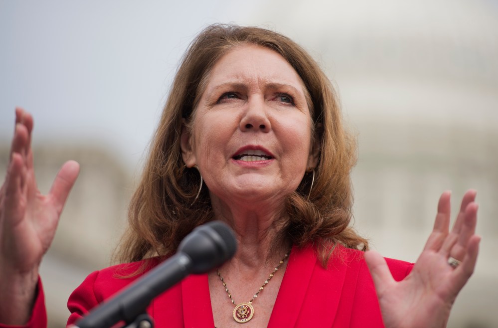 Rep. Ann Kirkpatrick, D-Ariz., speaks during a news conference at the House Triangle in Washington. (Photo by Tom Williams/CQ Roll Call/Getty)