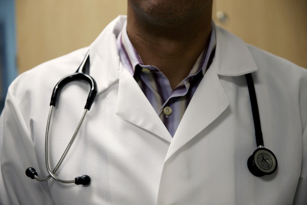 A doctor wears a stethoscope in Miami, Florida.
