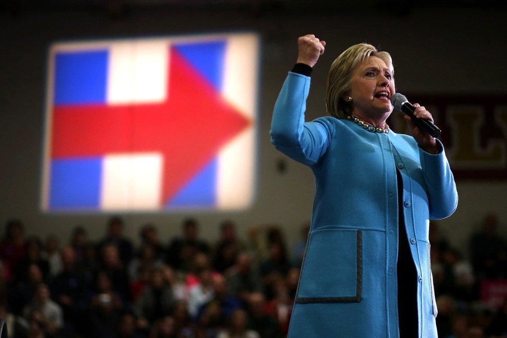 Democratic presidential candidate former Secretary of State Hillary Clinton speaks during a "Get Out The Vote" event at Alvime High School on Feb. 8, 2016 in Hudson, N.H. (Photo by Justin Sullivan/Getty)