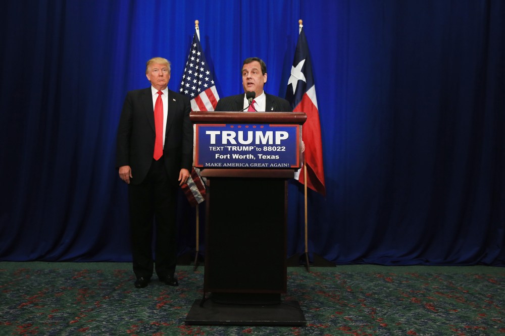 New Jersey Governor Chris Christie announces his support for Republican presidential candidate Donald Trump during a campaign rally at the Fort Worth Convention Center on Feb. 26, 2016 in Fort Worth, Texas. (Photo by Tom Pennington/Getty)