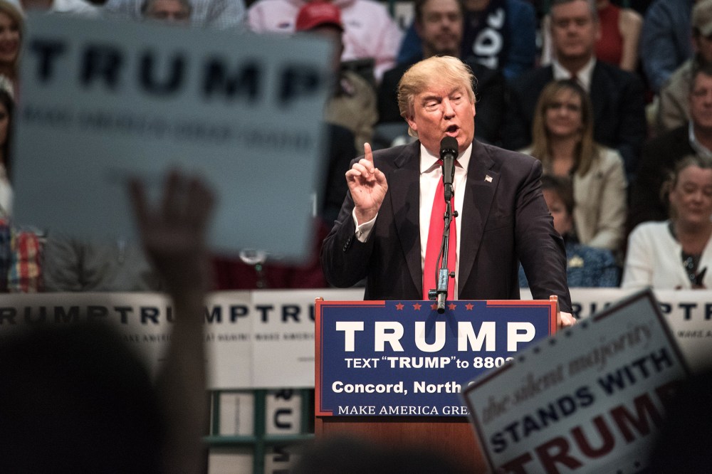 Republican presidential candidate Donald Trump addresses the crowd at a campaign rally March 7, 2016 in Concord, N.C. (Photo by Sean Rayford/Getty)