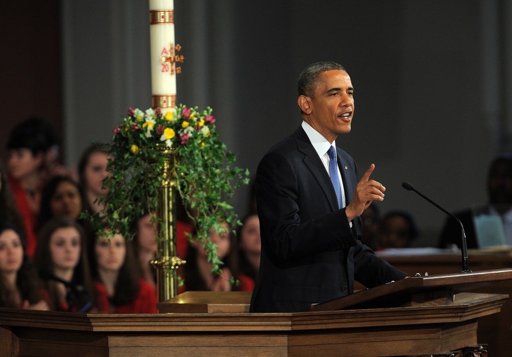 US President Barack Obama speaks during the "Healing Our City: An Interfaith Service" dedicated to those who were gravely wounded or killed in the Boston Marathon bombing, at the Cathedral of the Holy Cross in Boston, Massachusetts, on April 18, 2013....