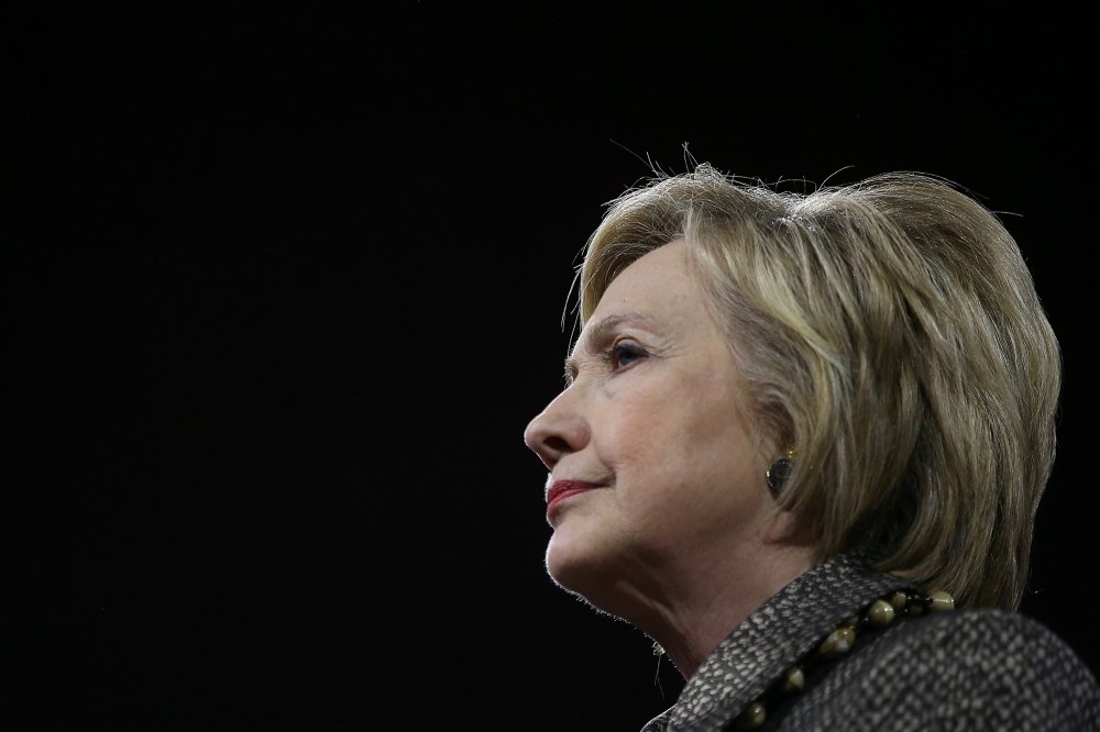 Democratic presidential candidate Hillary Clinton looks on during her primary night gathering at the Philadelphia Convention Center on April 26, 2016 in Philadelphia, Pa. (Photo by Justin Sullivan/Getty)