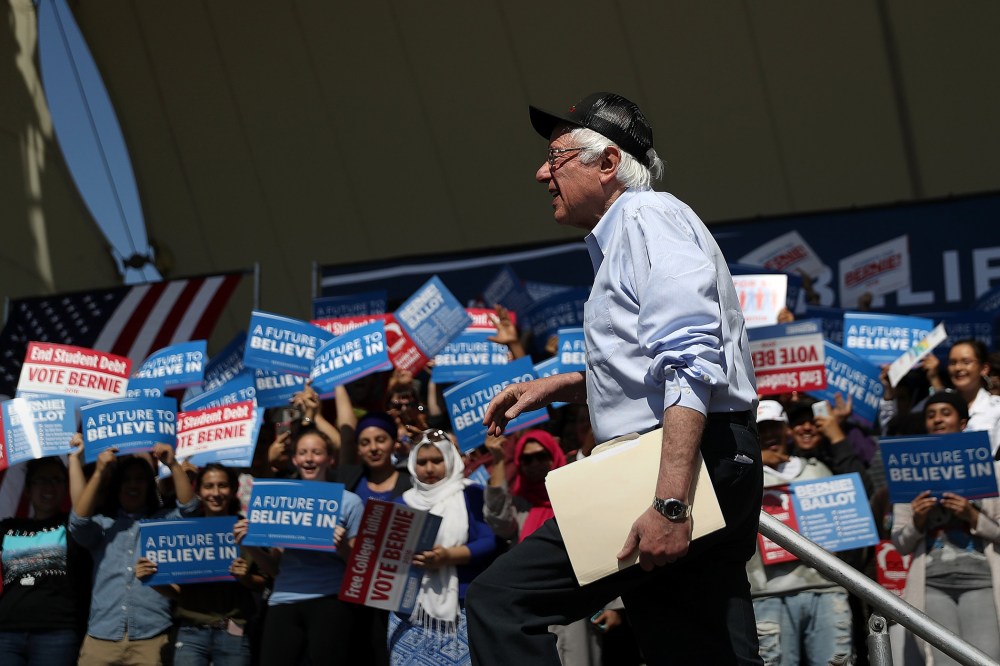 Democratic presidential candidate Sen.Bernie Sanders (D-VT) arrives to speak at a campaign rally on May 10, 2016 in Stockton, Calif. (Photo by Justin Sullivan/Getty)
