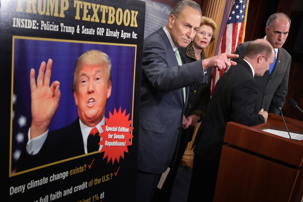 Democratic senators hold a news conference following meetings between Republican presidential candidate Donald Trump and GOP congressional leadership at the U.S. Capitol, May 12, 2016 in Washington, DC. (Photo by Chip Somodevilla/Getty)