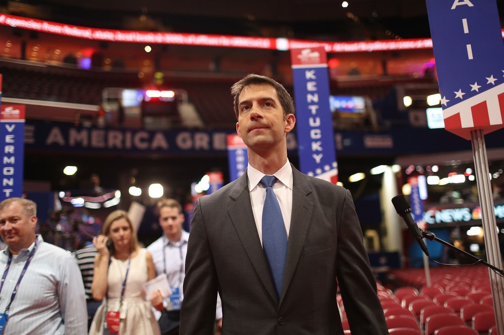 Sen. Tom Cotton (R-AR) visits the Quicken Loans Arena ahead of the Republican National Convention on July 17, 2016 in Cleveland, Ohio. (Photo by Joe Raedle/Getty)
