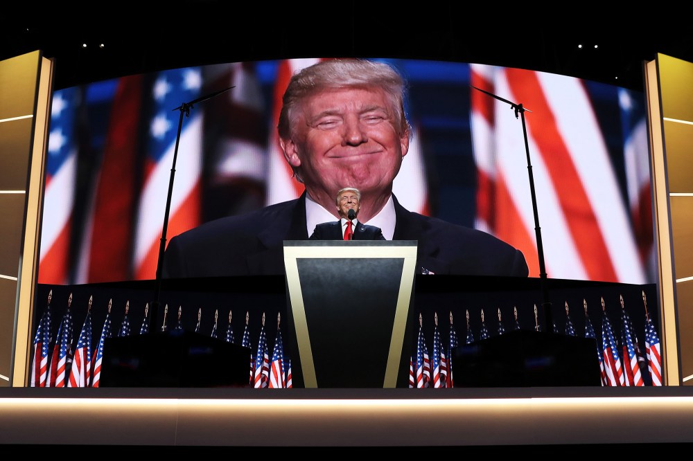 Republican presidential candidate Donald Trump delivers a speech during the evening session on the fourth day of the Republican National Convention on July 21, 2016 in Cleveland, Ohio. (Photo by John Moore/Getty)