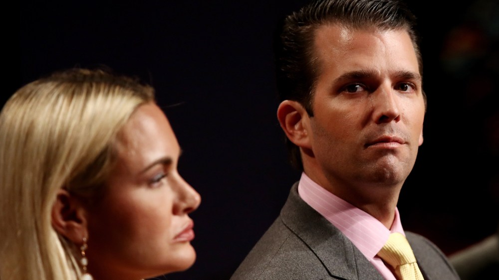 Donald Trump Jr. and his wife Vanessa Trump wait for the start of the third U.S. presidential debate at the Thomas & Mack Center on Oct. 19, 2016 in Las Vegas, Nev. (Photo by Win McNamee/Getty)