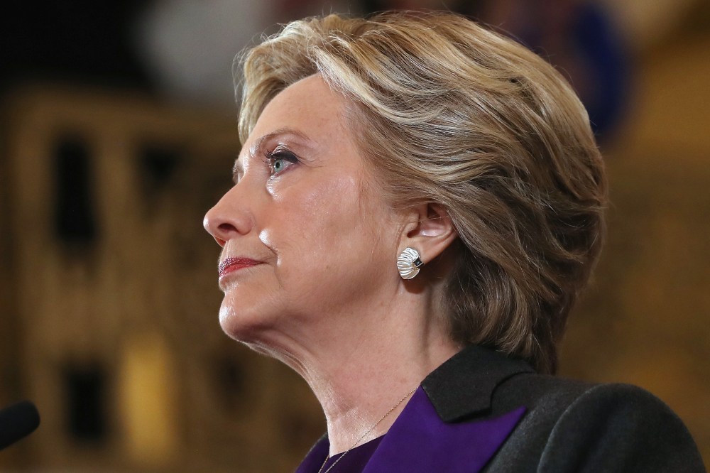 Former Secretary of State Hillary Clinton concedes the presidential election at the New Yorker Hotel on Nov. 9, 2016 in New York City. (Photo by Justin Sullivan/Getty)