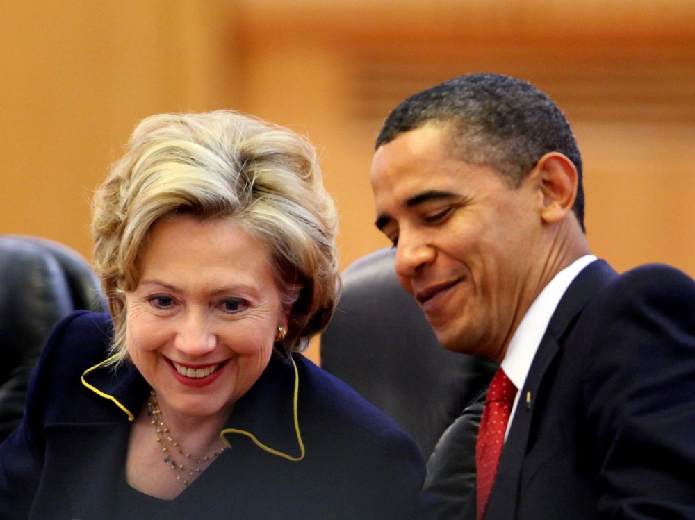 File Photo:  U.S. President Barack Obama (R) chats with U.S. Secretary of State Hillary Rodham Clinton (L) during a bilateral meeting with Chinese President Hu Jintao at the Great Hall of the People on November 17, 2009 in Beijing, China.  (Photo by...