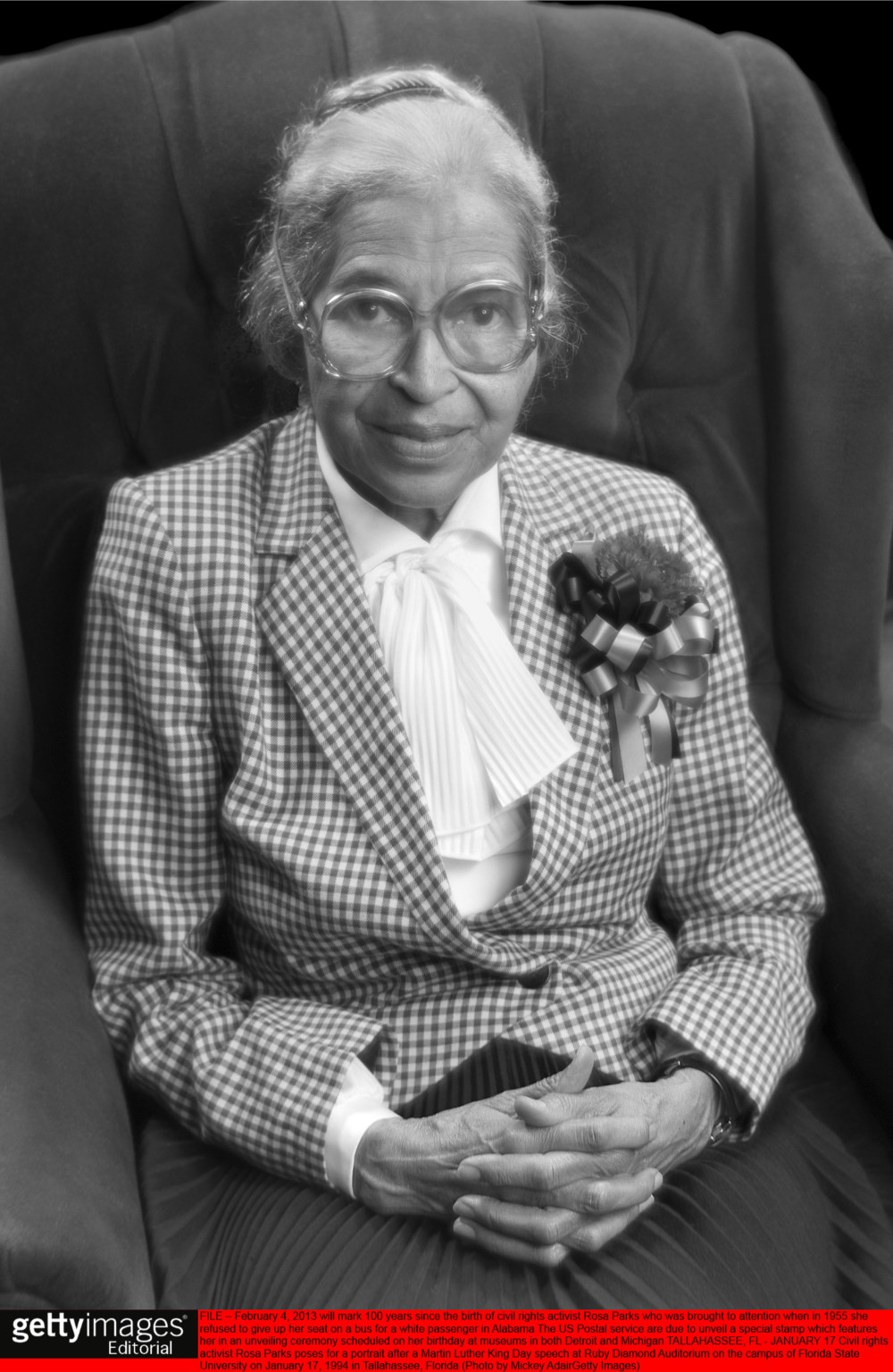 Civil rights activist Rosa Parks poses for a portrait after a Martin Luther King Day speech on January 17, 1994 in Tallahassee, Florida.