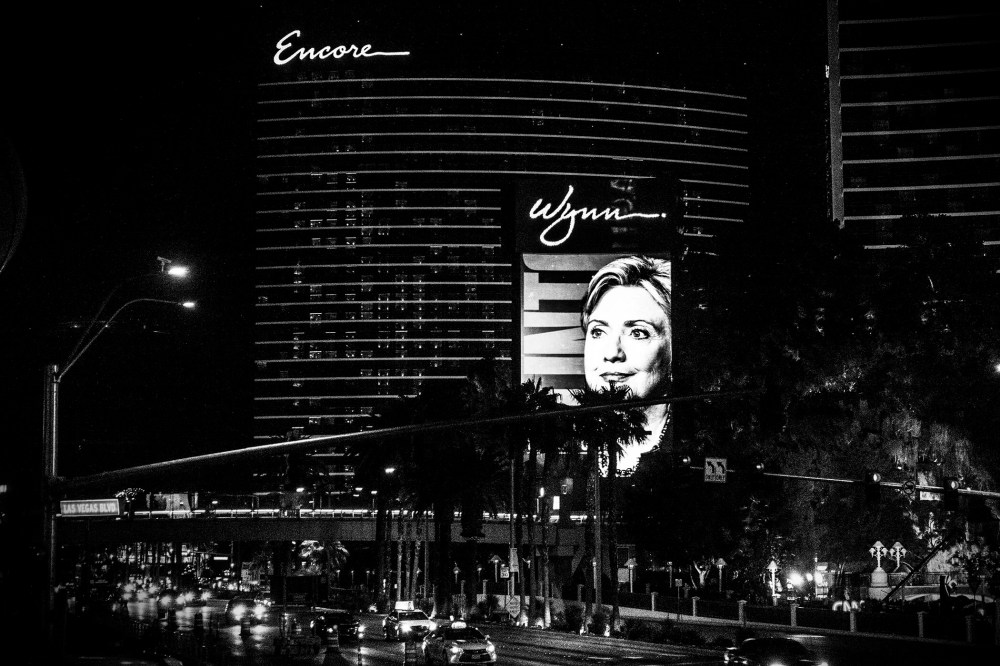 A billboard showing a picture of Democratic Presidential candidate Hillary Clinton advertising the upcoming Democratic Presidential debate is seen at the Wynn Las Vegas resort and casino on Oct. 12, 2015 in Las Vegas, Nev.