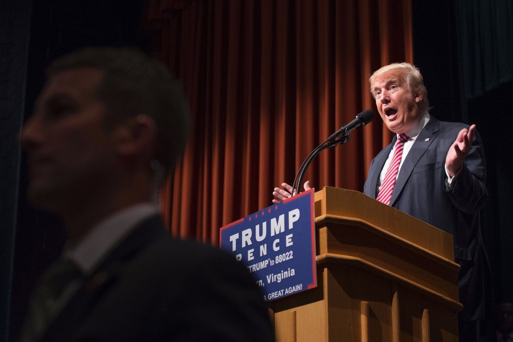 Republican presidential nominee Donald Trump speaks during a campaign event at Briar Woods High School, Aug. 2, 2016, in Ashburn, Va. (Photo by Molly Riley/AFP/Getty)