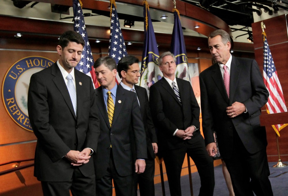 House Speaker  John Boehner of Ohio, right, accompanied by Rep. Paul Ryan, R-Wis., Rep. Jeb Hensarling, R-Texas. Also pictured: House Majority Leader Eric Cantor of Va., House Majority Whip Kevin McCarthy of Calif.  (Photo: AP file/J. Scott Applewhite)