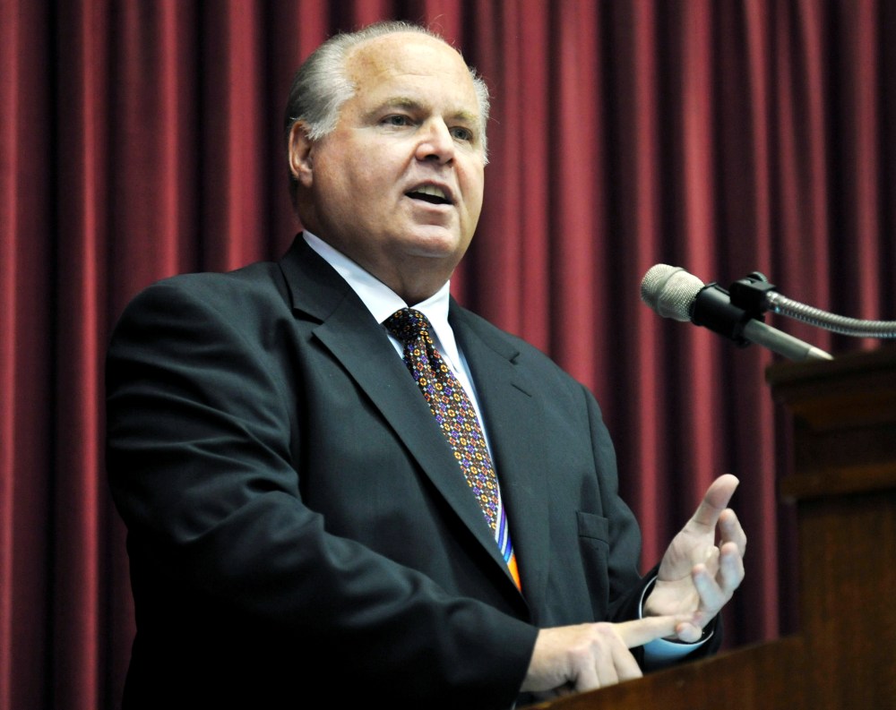 Conservative commentator Rush Limbaugh speaks in Jefferson, Missouri on Monday, May 14, 2012.