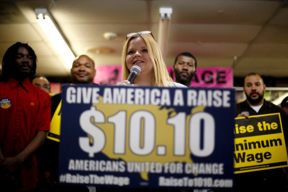 Amy Jennewein speaks during a rally to raise the minimum wage in University City, Mo. (Photo by Jeff Roberson/AP)