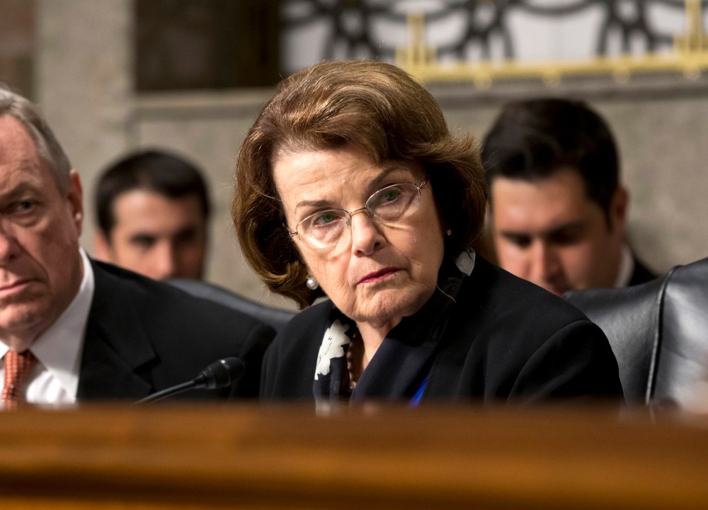 Sen. Dianne Feinstein, D-Calif., listens to testimony from Gen. Keith B. Alexander as he answers questions before the Senate Appropriations Committee on Capitol Hill in Washington, D.C. on June 12, 2013.