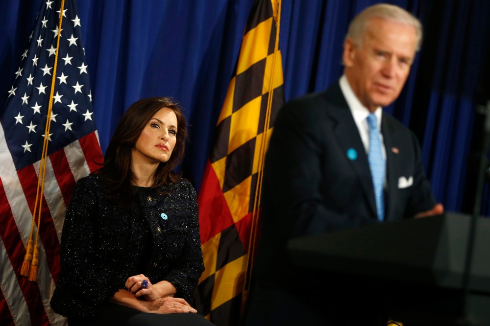 Actress Mariska Hargitay listens as Vice President Joe Biden speaks about reducing domestic violence, Wednesday, March 13, 2013, at the Montgomery County, Md.