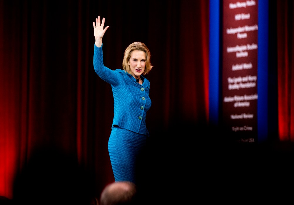 Carly Fiorina, former CEO of Hewlett-Packard, speaks at CPAC in National Harbor, Md., on Feb. 26, 2015. (Photo By Bill Clark/CQ Roll Call/AP)