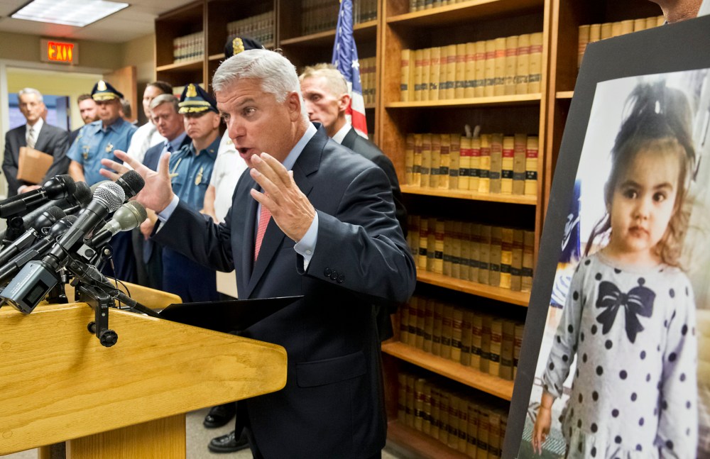 Suffolk District Attorney Daniel Conley speaks to the media on developments in the case of Bella Bond who became known as Baby Doe on Sept. 18, 2015, in Boston. (Photo by Matthew J. Lee/The Boston Globe/AP)
