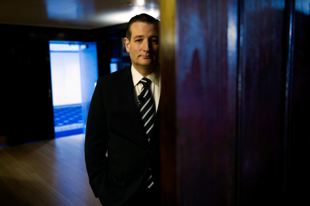 Republican presidential candidate Sen. Ted Cruz, R-Texas waits to be announced to speak at the Hispanic Chamber of Commerce (USHCC) meeting, April 29, 2015, at the National Press Club in Washington. (Photo by Cliff Owen/AP)