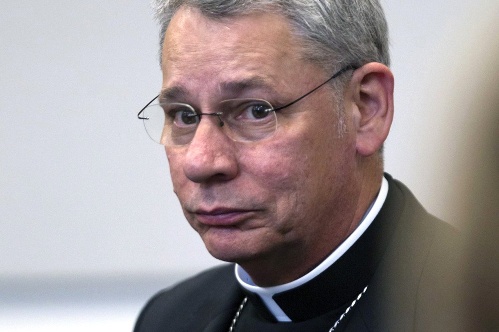 Bishop Robert Finn of the Diocese of Kansas City-St. Joseph appears during a bench trial on Sept. 6, 2012 at the Jackson County Courthouse in Kansas City, Mo. (Photo by Tammy Ljungblad/The Kansas City Star/AP)