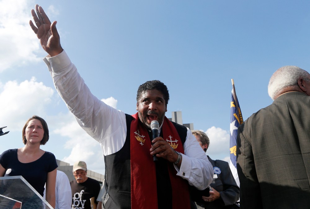 The Rev. William Barber speaks during "Moral Monday" protests on Halifax Mall, July 22, 2013, in Raleigh, N.C.