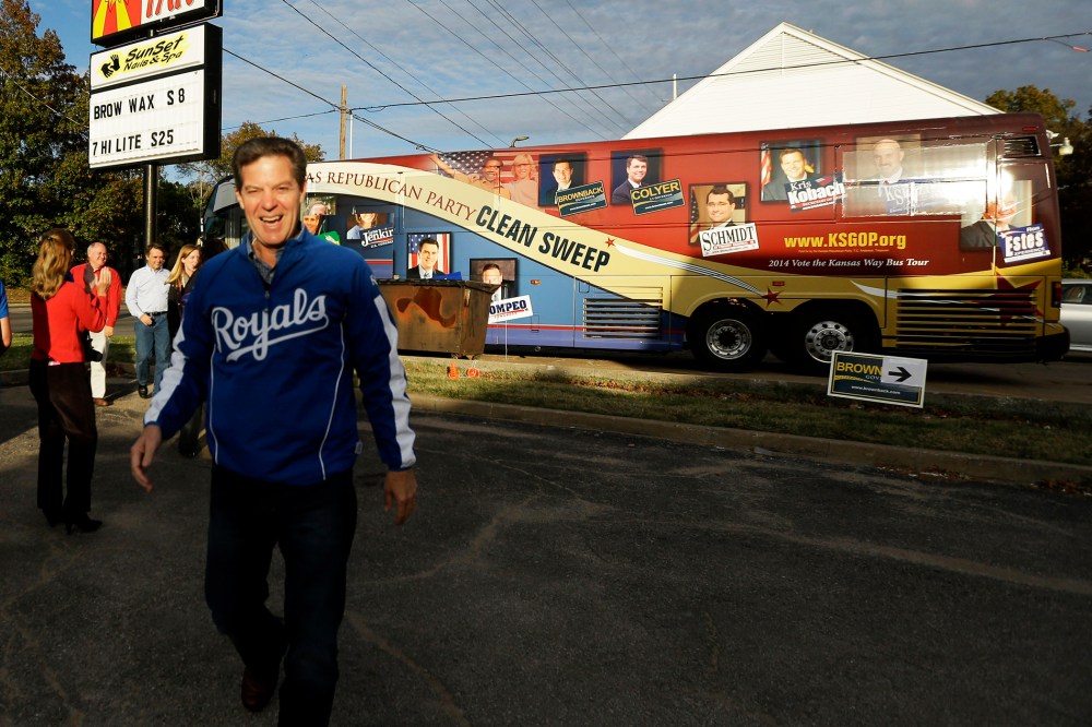 Kansas Republican Gov. Sam Brownback arrives at a campaign event on Nov. 1, 2014, in Topeka, Kan.