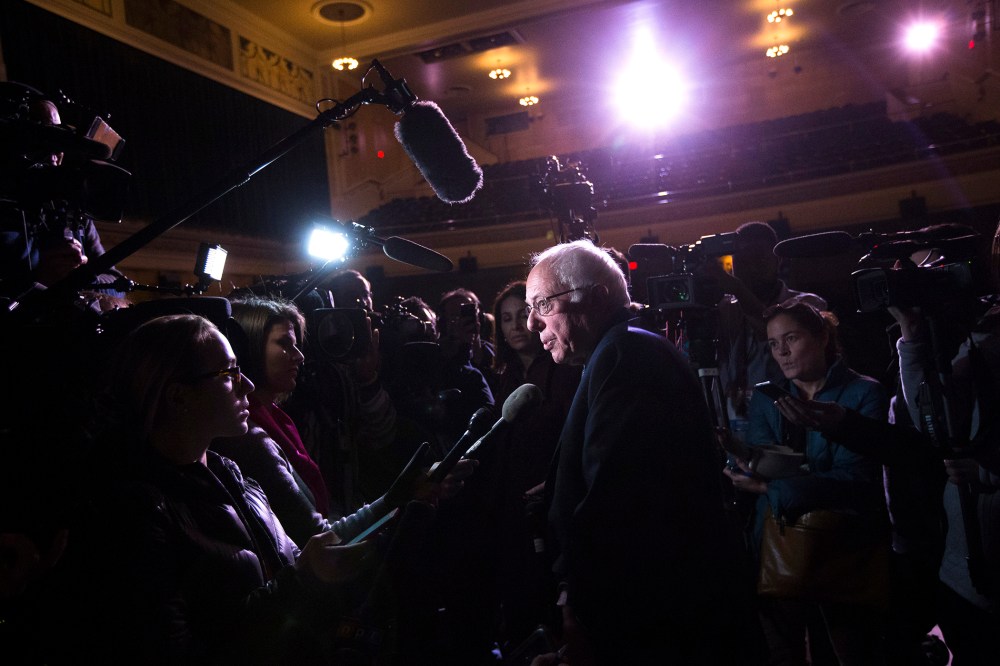 Democratic presidential candidate Sen. Bernie Sanders, I-Vt., speaks to the media during a campaign stop at The Colonial Theatre, Feb. 2, 2016, in Keene, N.H. (Photo by John Minchillo/AP)