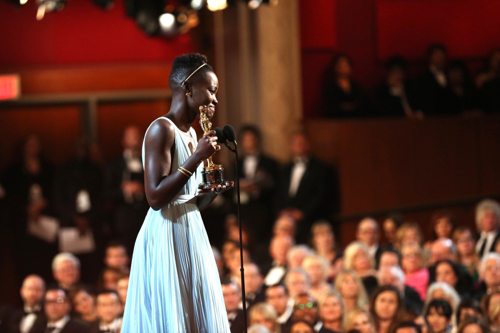 Lupita Nyong'o speaks after winning best supporting actress for her role in "12 Years a Slave", at the 86th Academy Awards, March 2, 2014, in Los Angeles, Calif.