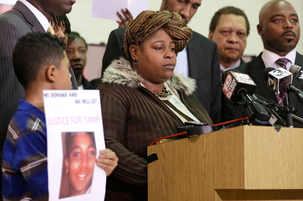 Samaria Rice, the mother of Tamir, a 12-year-old boy fatally shot by a Cleveland police officer, speaks during a news conference, Dec. 8, 2014, in Cleveland. (Photo by Tony Dejak/AP)
