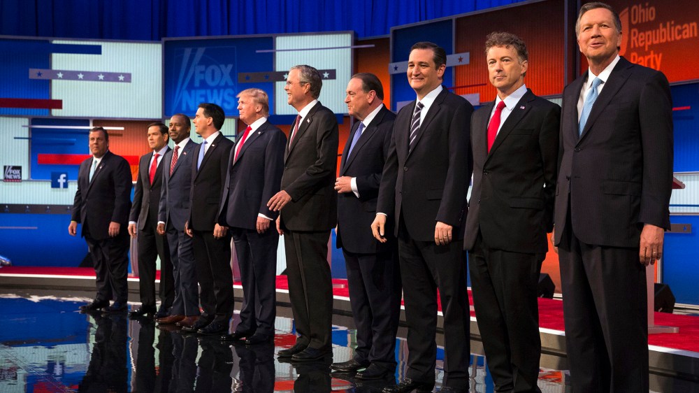Republican presidential candidates take the stage for the first Republican presidential debate at the Quicken Loans Arena, Aug. 6, 2015, in Cleveland. (Photo by John Minchillo/AP)